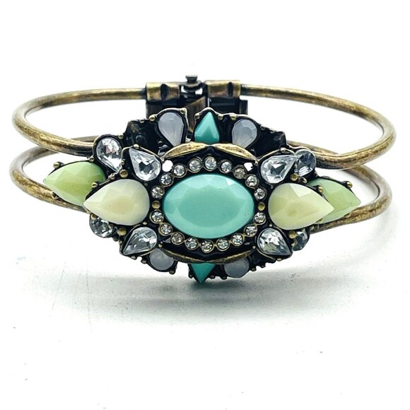 Vintage Hinged Bangle Bracelet Turquoise Green Cabochon Rhinestone Statement - Picture 1 of 7